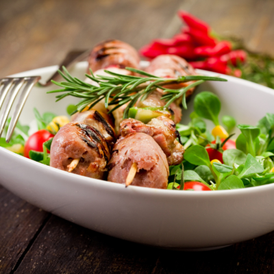 Meat Skewers on wooden table
